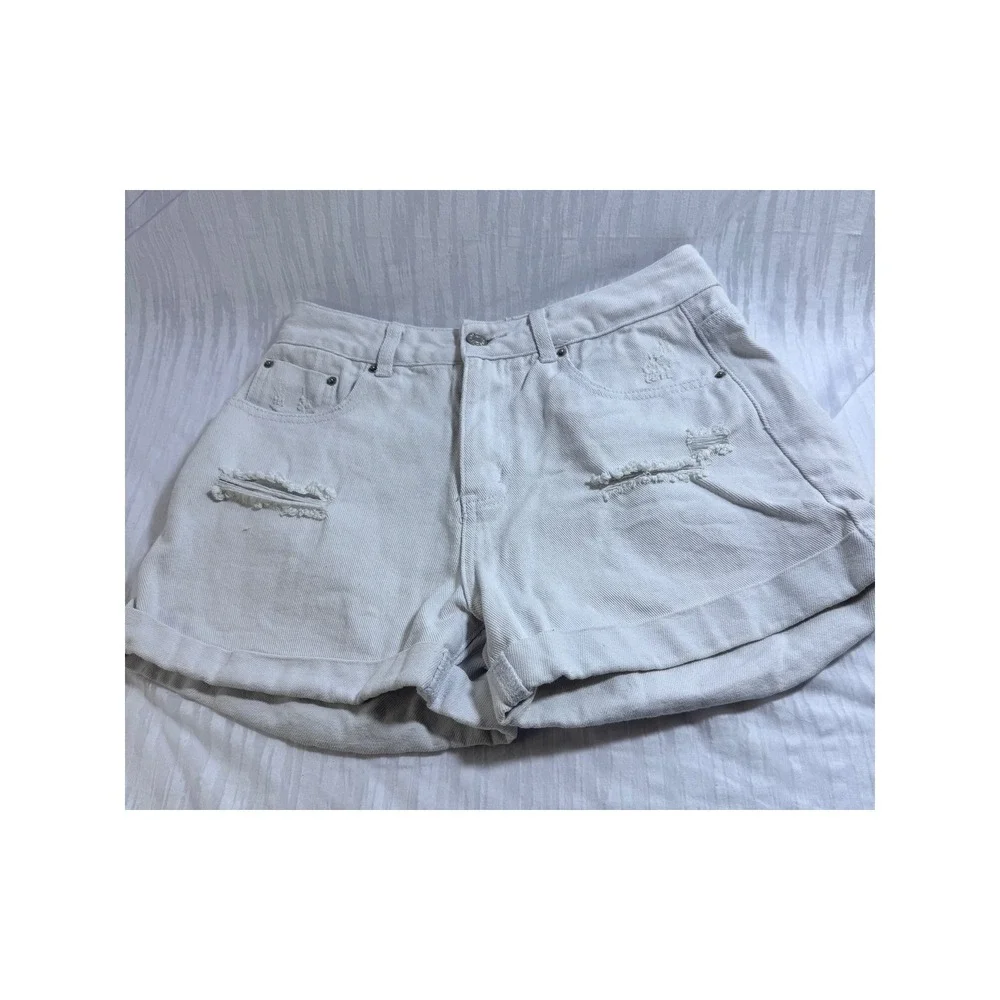 Veveret Womens White Distressed High‎ Waisted Denim Shorts Cuffed Size M